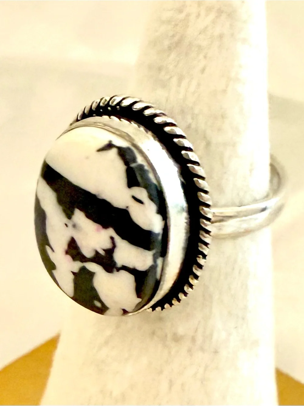 925 Sterling Silver Zebra Jasper Oval Boho Statement Ring Size 5.5
